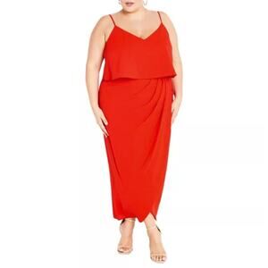 City Chic Fire Cracker Orange Spaghetti Strap Overlay Maxi Dress Plus Size S/16